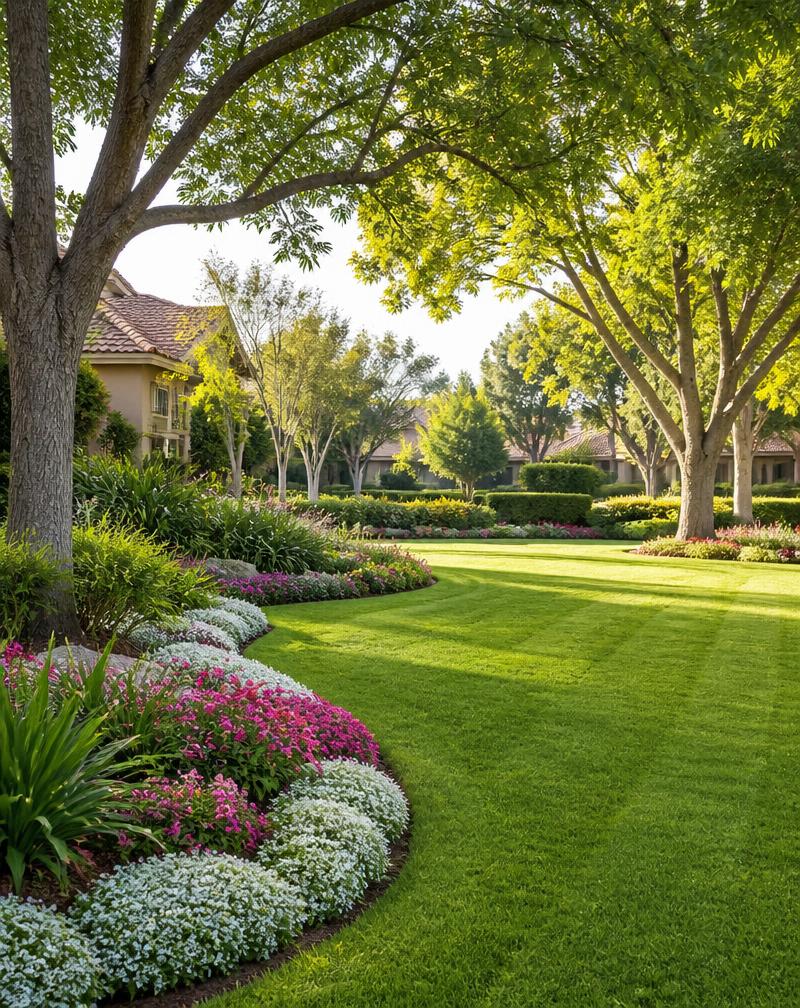 Lush HOA landscaping with manicured lawn and flower beds