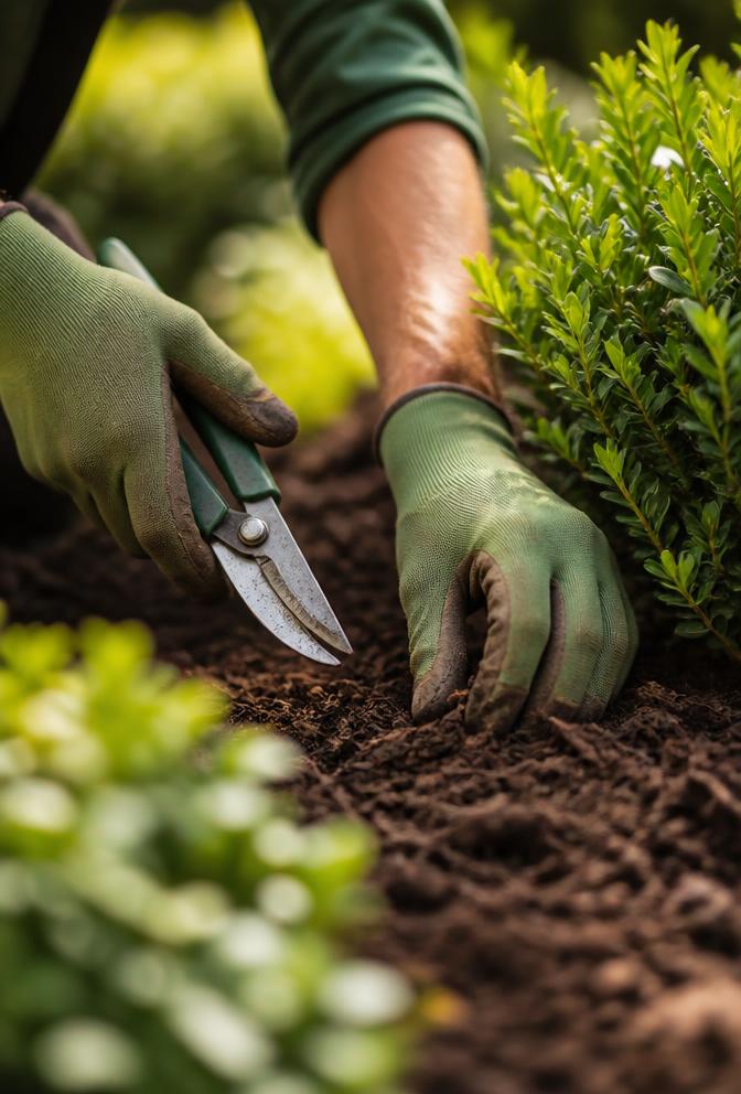Professional landscaper tending to a garden bed
